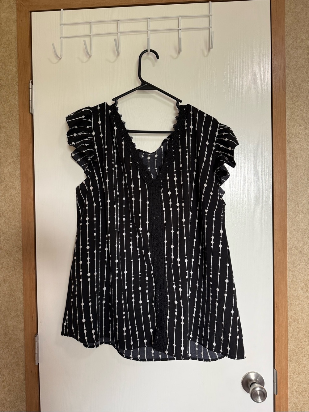 SHEIN Black Blouse with White Dot-Stripe Ruffle Sleeves